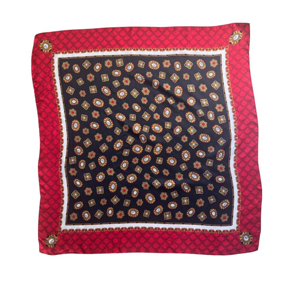 Ginnie Johansen Inc Silk Scarf Red Black Gold Chain Plaid Design Vintage 1988 - Picture 2 of 6